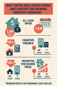 From 45-year amortizations to imaginary profit-sharing, TikTok “real estate gurus” and ChatGPT templates have turned property offers into comedy scripts. Here’s a real example — and why every line of it is completely ridiculous.